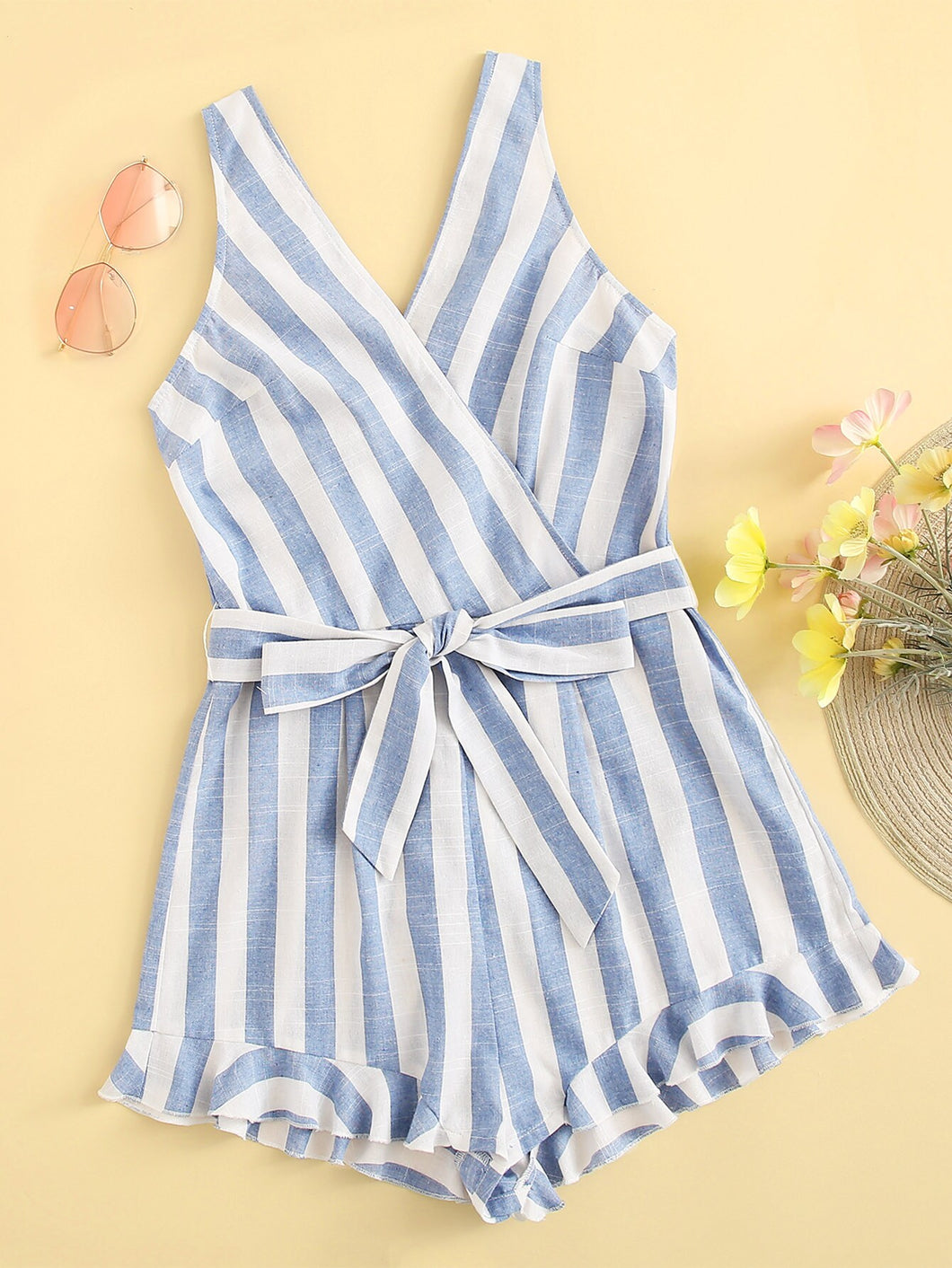 Surplice Neck Ruffle Hem Belted Striped Romper