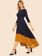 Load image into Gallery viewer, 80s Color-block Dip Hem Flare Dress