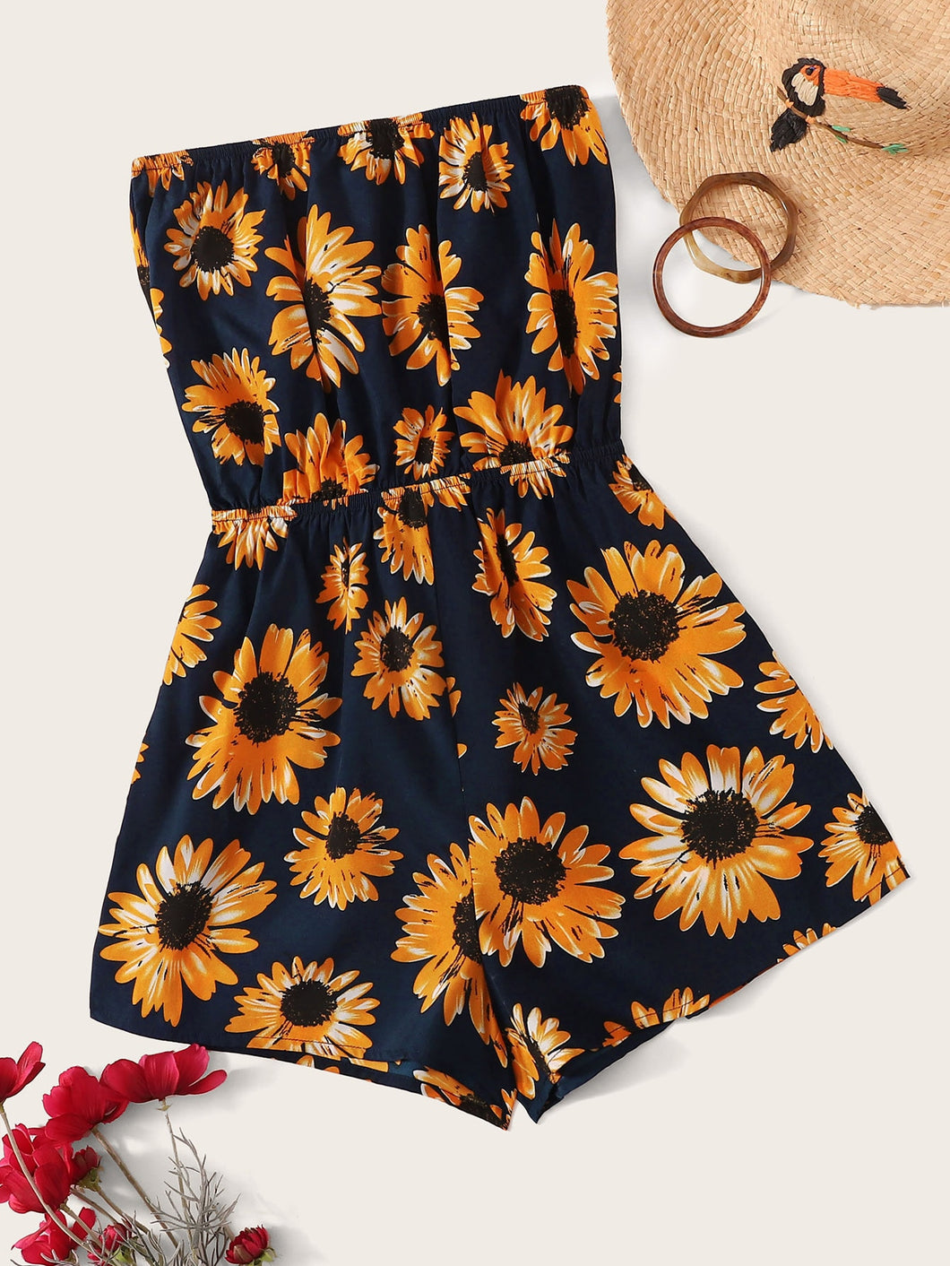 Sunflower Print Tube Romper