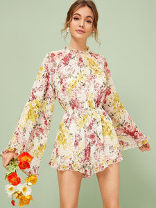 Ditsy Floral Frill Trim Flounce Sleeve Backless Romper