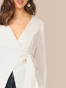 Bell Split Sleeve Surplice Neck Knot Blazer