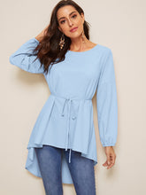 Load image into Gallery viewer, High Low Bishop Sleeve Drop Shoulder Belted Blouse