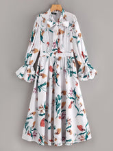 Load image into Gallery viewer, 70s Floral Tie Neck Flounce Sleeve Dress