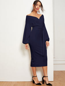 Blouson Sleeve Slit Hem Surplice Bardot Dress