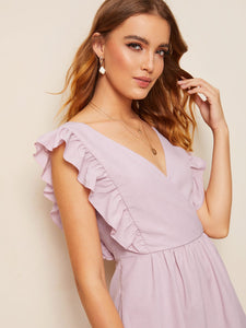 Solid Ruffle Trim V Back Romper