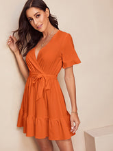 Load image into Gallery viewer, Surplice Wrap Belted Ruffle Hem Dress