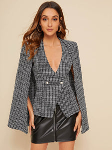 Plunge Neck Double Buttoned Tweed Cape Blazer