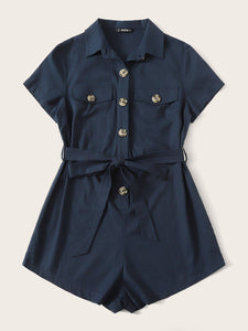 Solid Button Front Belted Utility Romper