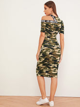 Load image into Gallery viewer, Asymmetrical Shoulder Letter Tape Camo Dress