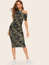 Load image into Gallery viewer, Asymmetrical Shoulder Letter Tape Camo Dress