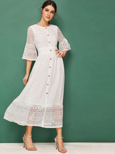 Bell Sleeve Button Detail Lace Dress