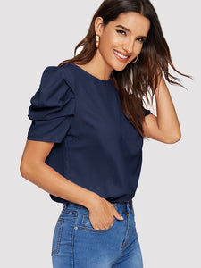 Button Keyhole Back Puff Sleeve Top