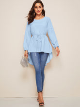 Load image into Gallery viewer, High Low Bishop Sleeve Drop Shoulder Belted Blouse