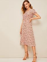 Load image into Gallery viewer, 70s Ditsy Floral Tie Neck Ruffle Trim Dress