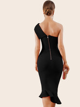 Load image into Gallery viewer, Adyce Zip Back One Shoulder Fishtail Hem Bodycon Dress