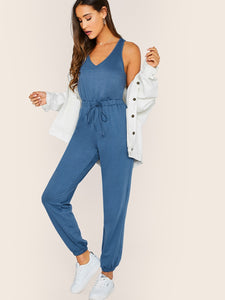 Cross Wrap Back Tie Waist Tank Jumpsuit