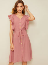 Load image into Gallery viewer, 70s Ruffle Armhole Button Front Dress