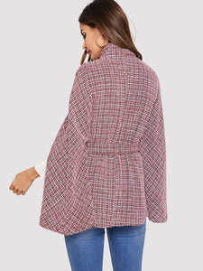 Double Breasted Front Tie Waist Tweed Cape Coat