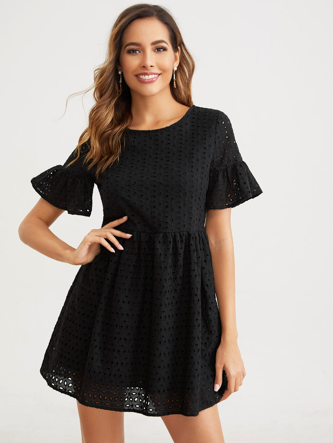 Flounce Sleeve Solid Schiffy Dress