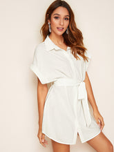 Load image into Gallery viewer, Batwing Sleeve Rolled Cuff Self Belted Shirt Dress