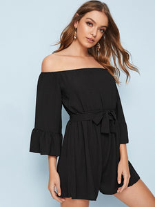 Off Shoulder Flounce Sleeve Belted Romper