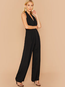 Plunge Neck Backless Halter Wide Leg Jumpsuit