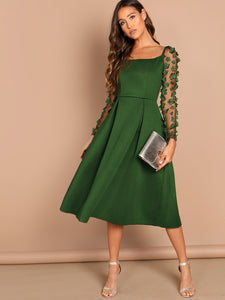 Applique & Mesh Sleeve Flared Dress