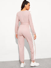 Load image into Gallery viewer, Surplice Neck Self Belted Colorblock Jumpsuit