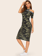 Load image into Gallery viewer, Asymmetrical Shoulder Letter Tape Camo Dress