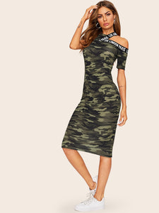 Asymmetrical Shoulder Letter Tape Camo Dress