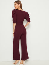 Load image into Gallery viewer, Plunging Neck Puff Sleeve Flare Leg Belted Jumpsuit