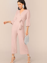 Load image into Gallery viewer, Pleated Sleeve Wrap Belted Wide Leg Jumpsuit