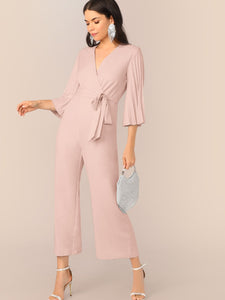 Pleated Sleeve Wrap Belted Wide Leg Jumpsuit