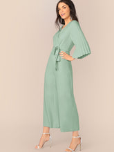 Load image into Gallery viewer, Pleated Sleeve Wrap Belted Wide Leg Jumpsuit