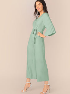 Pleated Sleeve Wrap Belted Wide Leg Jumpsuit