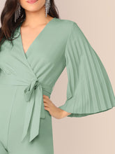 Load image into Gallery viewer, Pleated Sleeve Wrap Belted Wide Leg Jumpsuit