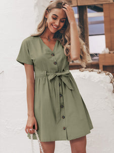 Simplee Button Front Tie Waist Tea Dress