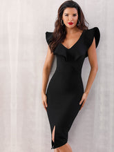 Load image into Gallery viewer, Adyce Zip Back Ruffle Trim Slit Hem Pencil Dress