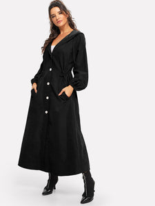 Button Up Hooded Drawstring Waist Coat