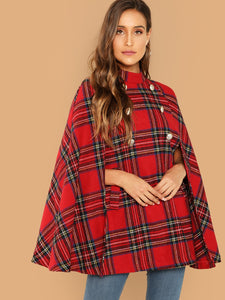 Double Button Plaid Cape Coat