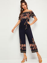 Load image into Gallery viewer, Floral Print Tassel Trim Belted Bardot Jumpsuit