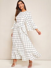 Load image into Gallery viewer, Bell Sleeve Flounce Hem Grid Dress With Belt