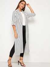 Load image into Gallery viewer, Shawl Collar Roll-up Sleeve Split Side Belted Striped Coat