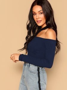 Asymmetric Cutout Neck Ribbed T-shirt