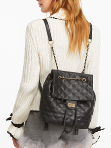 Black PU Quilted Flap Drawstring Backpack