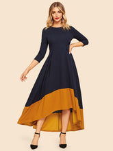 Load image into Gallery viewer, 80s Color-block Dip Hem Flare Dress