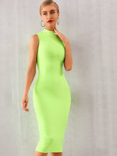 Load image into Gallery viewer, Adyce Neon Green Mock-neck Sleeveless Pencil Dress