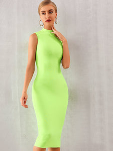 Adyce Neon Green Mock-neck Sleeveless Pencil Dress