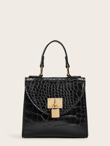 Metal Lock Decor Croc Embossed Satchel Bag