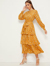 Load image into Gallery viewer, Ditsy Floral Print Layered Ruffle Belted Dress